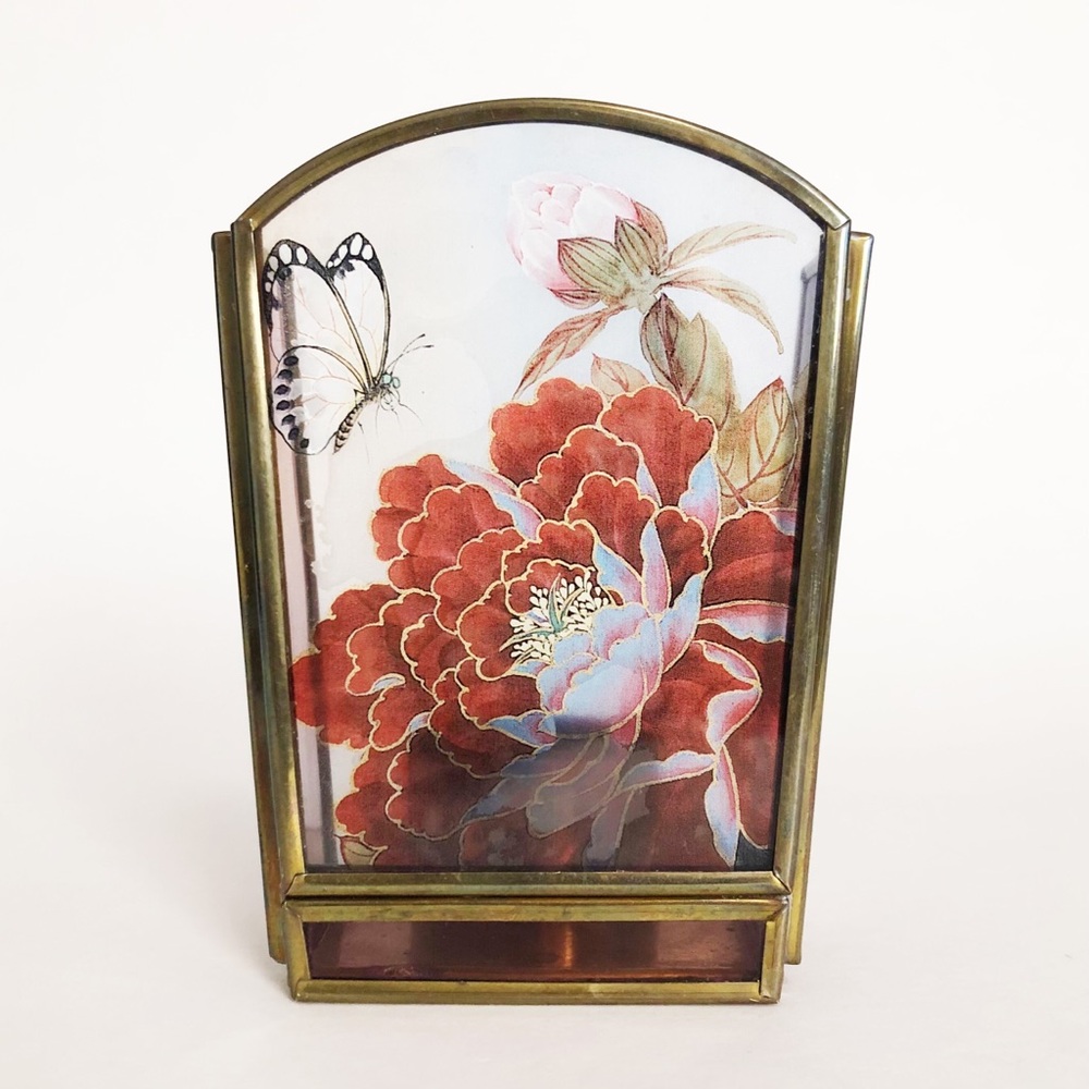 Vintage Floral Glass & Brass Tealight Candle Holder Flower Butterfly Print